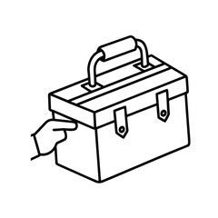 Minimalist Line Art of Hand Reaching for Toolbox with Buckled Straps and Top Handle