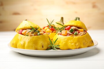 Tasty stuffed pattypan squashes on white wooden table, closeup