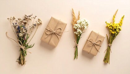 Creative gift presentation with dried flowers and rustic packaging for a unique experience
