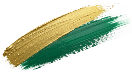 golden yellow and emerald green abstract paint brush strokes with textured artistic effects isolated on white background.