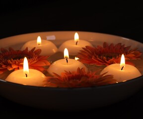 Burning candles and flowers in bowl of water on table in darkness, closeup