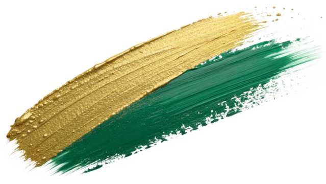 golden yellow and emerald green abstract paint brush strokes with textured artistic effects isolated on white background.