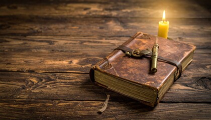 Antique Leather Journal, Candlelight, Wooden Table