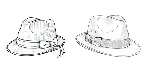 Two fedora hats illustration. Classic style headwear design