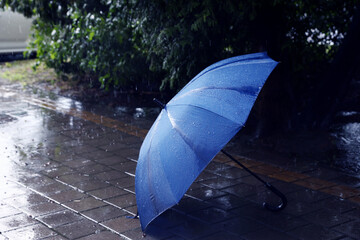 Blue umbrella on wet asphalt under heavy rain, space for text