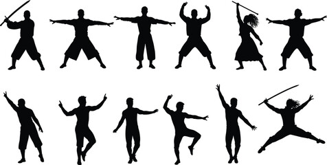 Martial arts and dance silhouette set, action pose vector illustration, movement clipart design, flat vector illustration