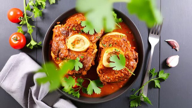 Delicious Osso Buco dish with tomatoes and fresh parsley. This culinary masterpiece is a visual delight and sure to tantalize the taste buds