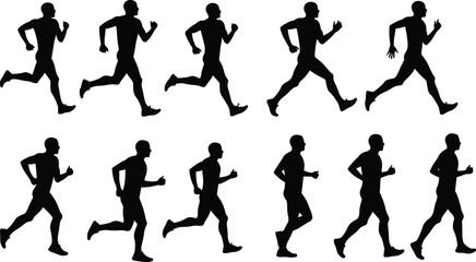 Running man silhouette sequence, jogging athlete vector illustration, sports exercise design, fitness activity clipart, flat vector illustration
