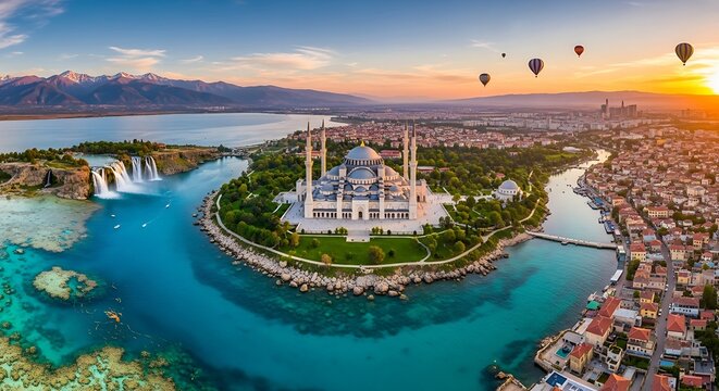 Panoramic view of the selimiye mosque in edirne, turkey, with hot air balloons dotting the sky at sunset, showcasing the citys rich cultural heritage and architectural beauty
