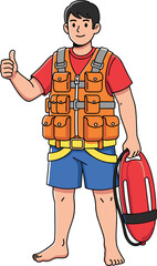 Cartoon Boy in Life Vest Holding Lifebuoy — Barefoot, Thumbs-Up Pose, Red Shirt, Blue Shorts on White Background