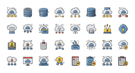 A collection of cloud computing and database icons in a grid pattern on a white background ai generated