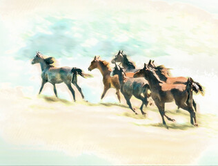 Stylized digital photo art. Herd of Arabian fillies gallops away with motion blur effect.
