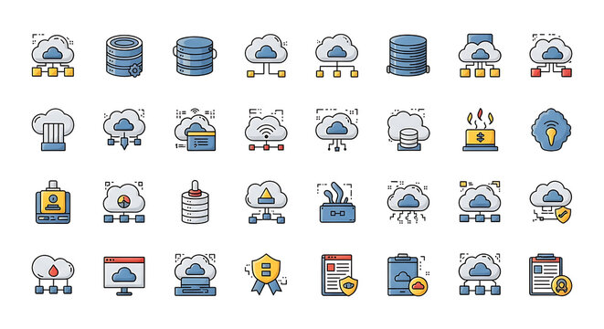 A collection of cloud computing and database icons in a grid pattern on a white background ai generated