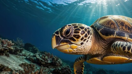 Fototapeta premium A close-up of a sea turtle swimming gracefully in clear blue water.