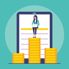 Woman Standing on Gold Coins in Front of a Large Tablet Displaying a Resume