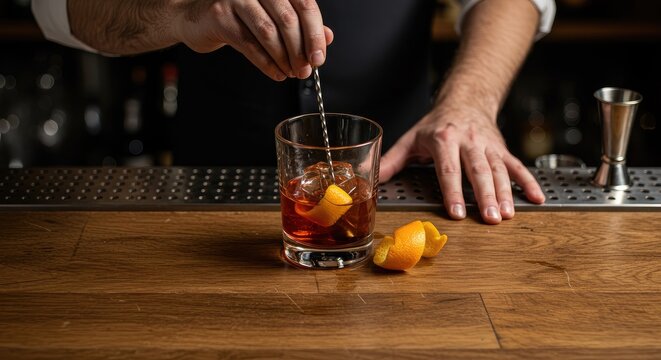 Expert Bartender Crafts Old Fashioned Cocktail: Close-up of skilled hands stirring amber liquid, ice, and orange zest in a rocks glass on a dark wood bar.
