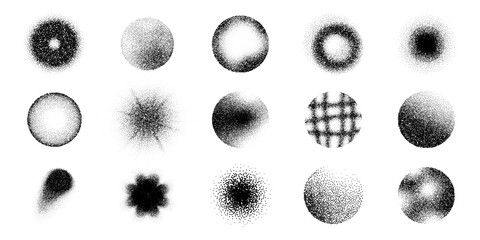 Set of various circle grainy gradients. Black radial noise gradations, vector grunge spray textured dots isolated on white. Round brush strokes, spots. Dot work stipple halftone retro design elements.