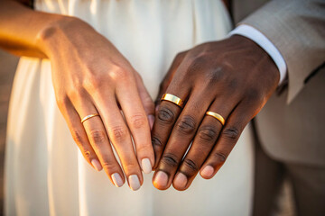 Interracial couple shows hands with wedding rings; soft light illuminates, for marriage, engagement, branding, or social media.