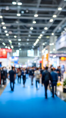 Obraz premium Blurred Trade fair show background, exhibition with booths for business, companies and industry to showcase and demonstrate products and services, for people, partners and customers