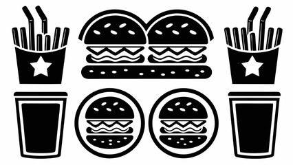 Black and white graphic of fast food items including burgers fries and drinks in a simple arrangement | editable eps vectors silhouette