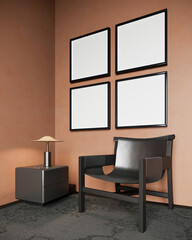 Mockup para cuatro cuadros en pared terracota con mobiliario oscuro, 3d render