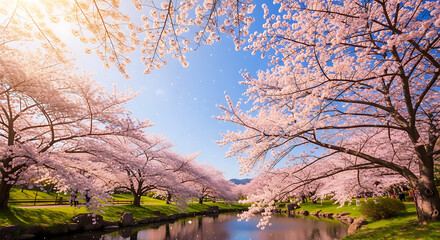 Obraz premium A view of cherry blossom trees lining a river with a blue sky and sunlight shining through the branches ai generated