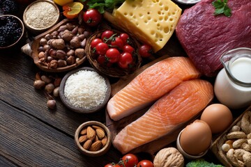 Balanced diet food arrangement showcasing various nutritious ingredients on a wooden table in a warm kitchen setting