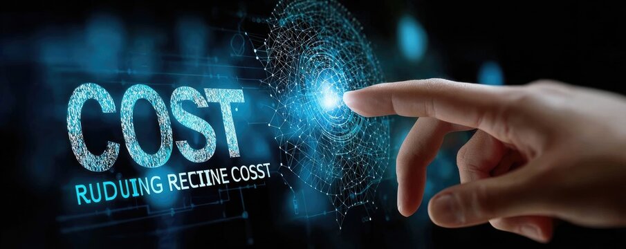 Hand pointing at a digital representation of the word "COST" overlaid with text "RUDING RECYCLING COST - Powered by Adobe