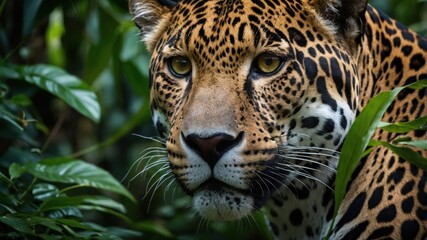Obraz premium A close-up of a jaguar's face amidst lush green foliage.