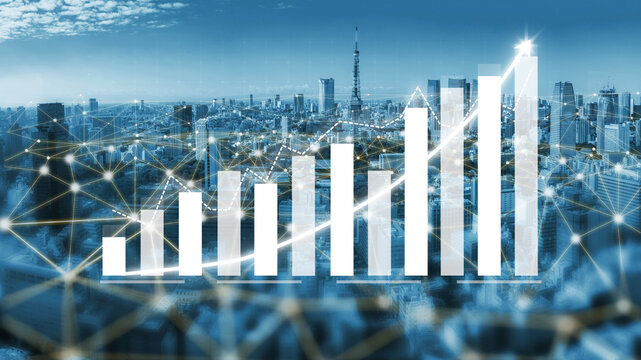 Blue and White Financial Growth Chart Over Tokyo City Skyline with Digital Connections and Data Visualizations Impute.