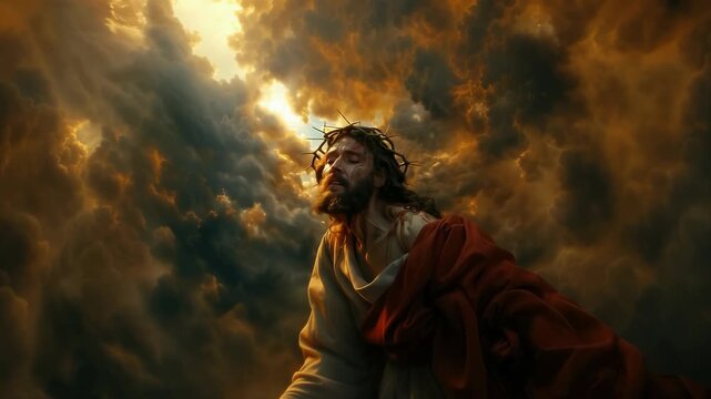 Jesus Christ's journey: Golgotha road, final moments, heavenly gaze, divine connection, sacred purpose, biblical scene, theology depiction, spiritual sacrifice, holy vision, faith expression.