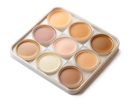 Nine shades of cream makeup foundation and concealer in a palette, isolated on transparent background