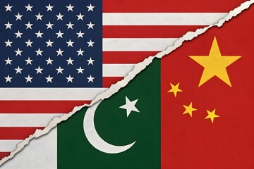 Flags of united states pakistan and china torn and placed together in a single image composition view