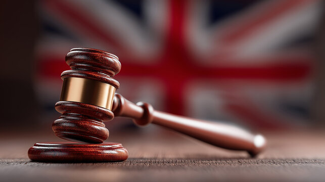 Wide Angle Wooden Gavel and Justice Scales with Blurred UK Flag in Background, Symbolizing UK Legal System, National Laws, Judiciary and International Treaties