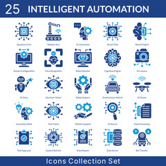 Intelligent Automation icon set collection in solid glyph style. an icon pack contain cognitive engine, AI camera, AI voice, quantum vision, robot support, autonomous vehicle, AI drone