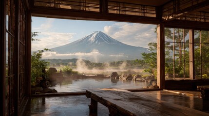 Mountain view from onsen's wooden room, Japan