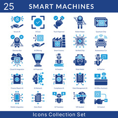 Smart Machines icon set collection in solid glyph style. an icon pack contain AI scan, touch approval, robot helper, quantum chip, decision bot, AI offering, smart factory
