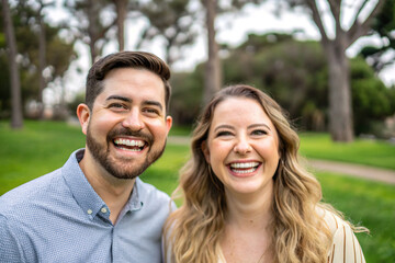 Fototapeta premium Smiling couple enjoys their time together. Photo captures happiness, ideal for family portraits or relationship-themed visuals.