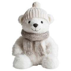 Cozy Winter Bear: A cuddly toy polar bear, clad in a knitted hat and scarf, exudes warmth and festive cheer. Snuggled up and ready for a winter adventure.