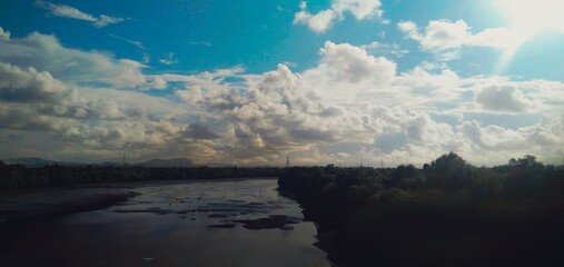 sunset over the lake with clouds