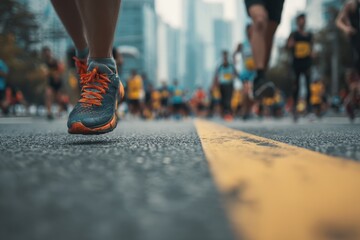 Runners participate in a marathon on city streets, showcasing determination and energy as they stride forward during the exciting urban race event
