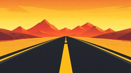 road leading towards desert mountains under sunset sky in vector illustration