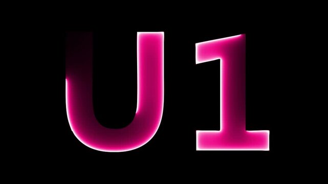 Glowing neon letter U 1 , glowing neon font, U 1 alphabet symbol . Seamless looping alphabet animation on black background.