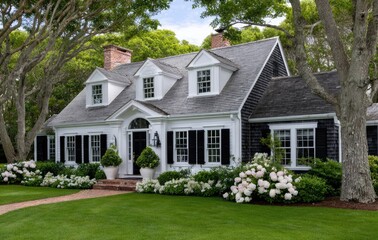 A large, white house with black shutters and a gray roof stands on the green lawn, surrounded by trees in the bright spring weather.