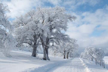 Obraz premium Winter landscape showcasing snow-covered trees along a serene road with a clear blue sky and gentle clouds in the distance