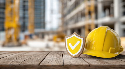 Yellow Safety Helmet and Shield with Checkmark Symbolizing Construction Site Safety, Worker Protection and Occupational Health Standards in The Building Industry