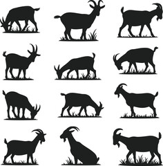 Goat Silhouettes, Grazing Goat Vector, Standing Goat Icons, Black Animal Shapes, Farm Livestock Art, Horned Goat Poses, Nature Scene, Minimalist Design, Grass Elements.