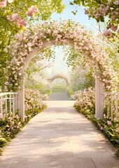 Fototapeta premium A path leading through floral arches in a dreamy garden
