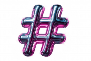 Metallic hashtag balloon floating against transparent background, reflecting pink hues for digital marketing visual design