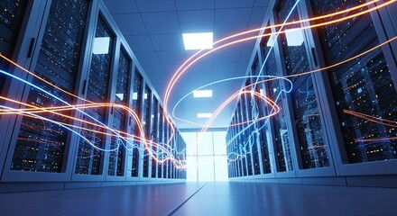 Futuristic data center aisle with glowing abstract light trails representing data flow and network connections, symbolizing advanced technology and digital information transfer